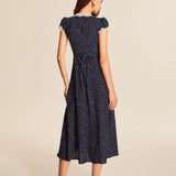 Women’s Navy Polka Dot Midi Dress – Vintage Lace Trim Deep V-Neck