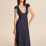 Women’s Navy Polka Dot Midi Dress – Vintage Lace Trim Deep V-Neck