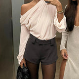 Women’s Off-Shoulder Draped Chiffon Blouse – Long Sleeve Floral Accent Top