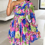 Women’s One-Shoulder A-Line Mini Dress – Elegant Printed Party Dress