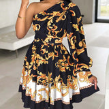 Women’s One-Shoulder A-Line Mini Dress – Elegant Printed Party Dress