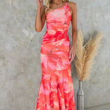 Women’s One-Shoulder Floral Print Midi Dress – High-Low Hem Ruched Design