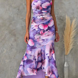 Women’s One-Shoulder Floral Print Midi Dress – High-Low Hem Ruched Design