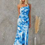 Women’s One-Shoulder Floral Print Midi Dress – High-Low Hem Ruched Design