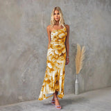 Women’s One-Shoulder Floral Print Midi Dress – High-Low Hem Ruched Design
