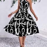 Women’s One-Shoulder Midi Dress – Abstract Print Pleated Belted Design