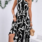 Women’s One-Shoulder Midi Dress – Abstract Print Pleated Belted Design