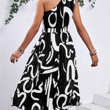 Women’s One-Shoulder Midi Dress – Abstract Print Pleated Belted Design