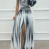 Women’s One-Shoulder Pleated Maxi Dress – Elegant Flowing Evening Gown