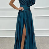 Women’s One-Shoulder Pleated Maxi Dress – Elegant Flowing Evening Gown
