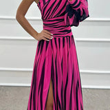 Women’s One-Shoulder Pleated Maxi Dress – Elegant Flowing Evening Gown