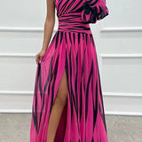 Women’s One-Shoulder Pleated Maxi Dress – Elegant Flowing Evening Gown