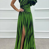 Women’s One-Shoulder Pleated Maxi Dress – Elegant Flowing Evening Gown
