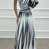 Women’s One-Shoulder Pleated Maxi Dress – Elegant Flowing Evening Gown