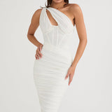 Women’s One-Shoulder Ruched Midi Dress – Bodycon Evening Party Dress