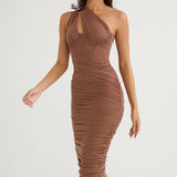 Women’s One-Shoulder Ruched Midi Dress – Bodycon Evening Party Dress