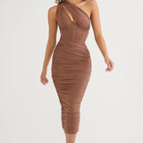 Women’s One-Shoulder Ruched Midi Dress – Bodycon Evening Party Dress