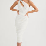 Women’s One-Shoulder Ruched Midi Dress – Bodycon Evening Party Dress