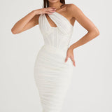 Women’s One-Shoulder Ruched Midi Dress – Bodycon Evening Party Dress