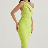 Women’s One-Shoulder Ruched Midi Dress – Bodycon Evening Party Dress