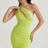 Women’s One-Shoulder Ruched Midi Dress – Bodycon Evening Party Dress