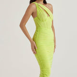 Women’s One-Shoulder Ruched Midi Dress – Bodycon Evening Party Dress