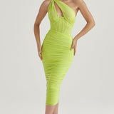 Women’s One-Shoulder Ruched Midi Dress – Bodycon Evening Party Dress