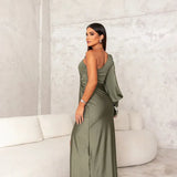 Women’s One-Shoulder Satin Evening Dress – Elegant Split Maxi Gown