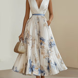 Women’s Pleated Midi Dress – V-Neckline with Abstract Print and Satin Waist Tie