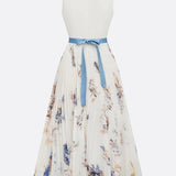 Women’s Pleated Midi Dress – V-Neckline with Abstract Print and Satin Waist Tie
