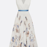 Women’s Pleated Midi Dress – V-Neckline with Abstract Print and Satin Waist Tie
