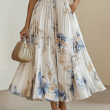 Women’s Pleated Midi Dress – V-Neckline with Abstract Print and Satin Waist Tie
