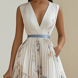 Women’s Pleated Midi Dress – V-Neckline with Abstract Print and Satin Waist Tie