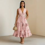 Women’s Pleated V-Neck Midi Dress – Pink Tie-Dye Sleeveless Elegant Dress