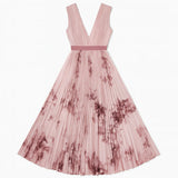 Women’s Pleated V-Neck Midi Dress – Pink Tie-Dye Sleeveless Elegant Dress