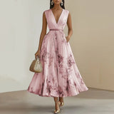 Women’s Pleated V-Neck Midi Dress – Pink Tie-Dye Sleeveless Elegant Dress
