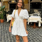 Women’s Puff Sleeve Mini Dress – Embroidered Textured A-Line Silhouette