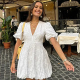 Women’s Puff Sleeve Mini Dress – Embroidered Textured A-Line Silhouette