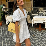 Women’s Puff Sleeve Mini Dress – Embroidered Textured A-Line Silhouette