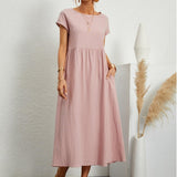 Women’s Relaxed Cotton Midi Dress – Short Sleeve Casual Flowy Fit