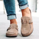 Women’s Retro Suede Slip-On Loafers with Buckle Detail – Casual Comfort Clogs