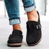Women’s Retro Suede Slip-On Loafers with Buckle Detail – Casual Comfort Clogs