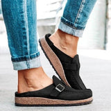 Women’s Retro Suede Slip-On Loafers with Buckle Detail – Casual Comfort Clogs