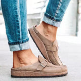 Women’s Retro Suede Slip-On Loafers with Buckle Detail – Casual Comfort Clogs