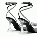 Women’s Rhinestone Bow Ankle Strap Sandals – Clear Heel Elegant Party Heels
