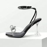Women’s Rhinestone Bow Ankle Strap Sandals – Clear Heel Elegant Party Heels