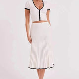 Women’s Ribbed Two-Piece Set – Short Sleeve Button Crop Top & Pleated Midi Skirt