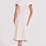 Women’s Ribbed Two-Piece Set – Short Sleeve Button Crop Top & Pleated Midi Skirt