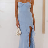 Women’s Ruffle Hem Maxi Dress – Spaghetti Strap High Slit Evening Dress