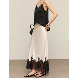Women’s Satin Midi Skirt with Lace Hem – Elegant Contrast Detail Slip Skirt
